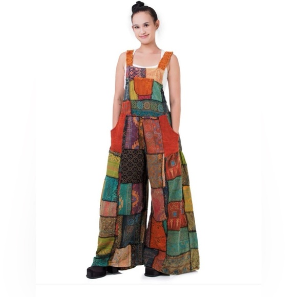 Source Unknown Pants - Handmade Bohemian Multi Color Wide-Leg Patchwork Cotton Jumpsuit size Medium